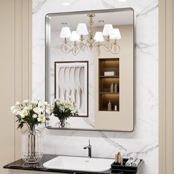 Rectangular Bathroom Mirror - Brushed Nickel/Silver Metal Frame
