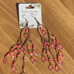 2pcs Bead Tassel Drop Earrings Orange Pink Coral Boho Style