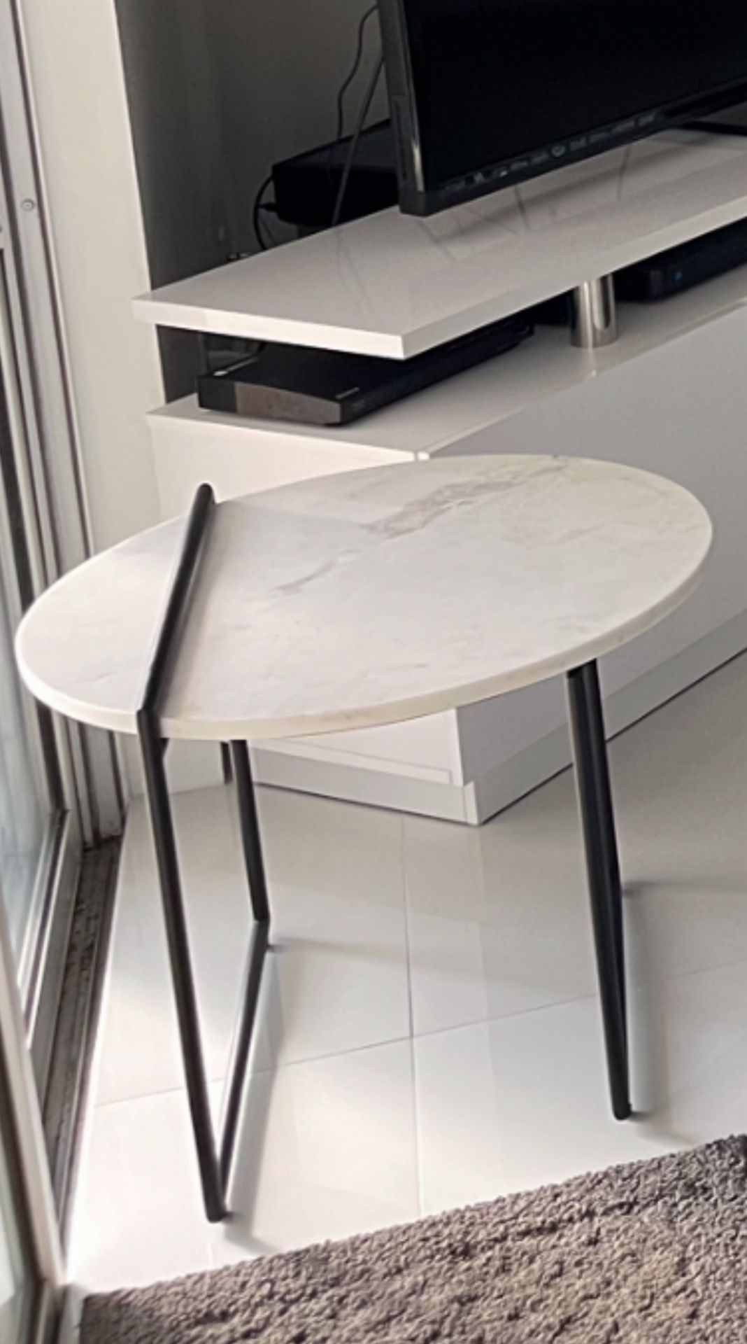 New White Marble End Table, Size : 22D x 19 H. Was $200