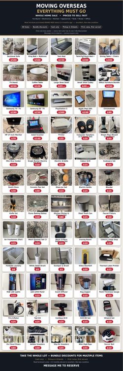 MOVING OVERSEAS SALE — Furniture, Electronics & More (Like New!)