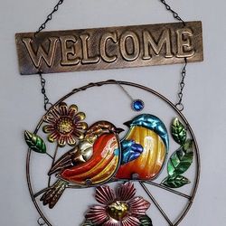 Bejeweled Display Bird Welcome w/Stained Glass Welcome Signs & Wall