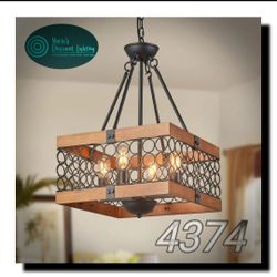 BNHHLZ 4-Light Wood Rustic Chandelier for Entryway 16.92in Square