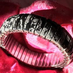 Custom Snowflake Obsidian Stretch Cuff Bracelet Healing Protection Gemstone Jewelry Link Chain Stretch Bracelet Estate Find 