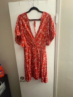 Red Floral Short Sleeve Midi Dress - XL