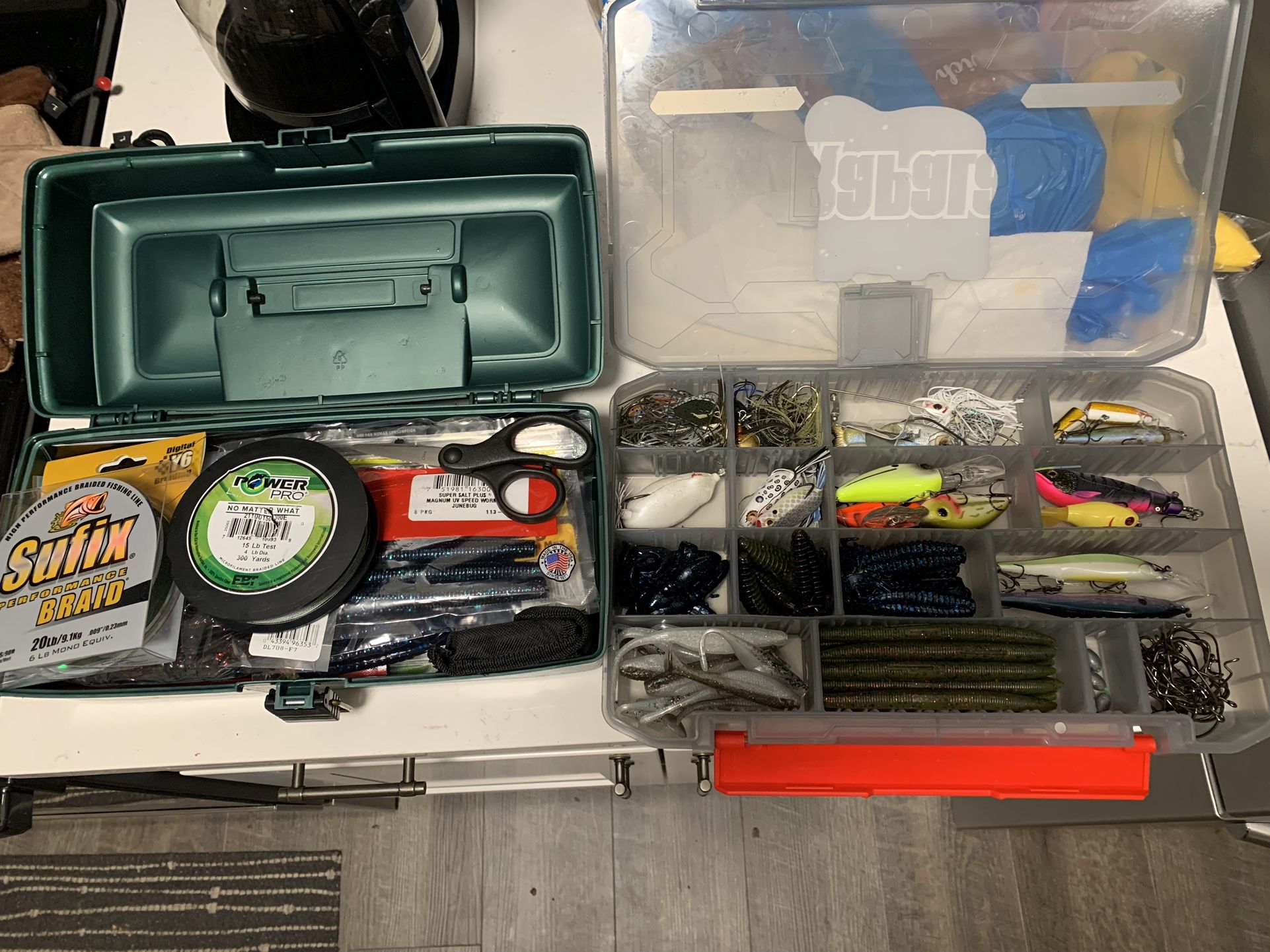 Tackle boxes + lures hooks weights scissors multi tool pliers and line