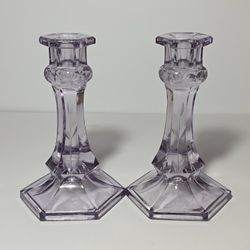 Amethyst Glass Etched Candlestick Holders