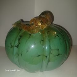 Hand Blown Wide Art Glass Pumpkin JADE/TEAL 5"H