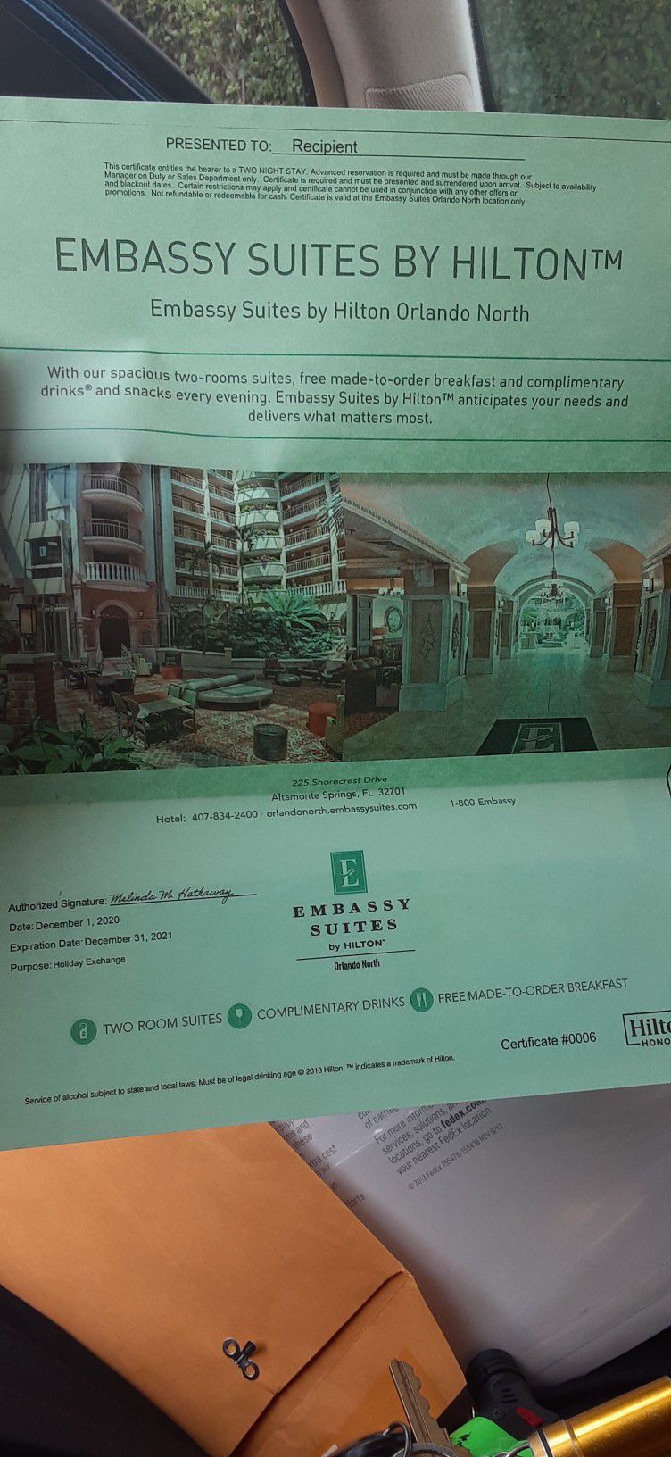 I Have Embassy Suites Two Nights Suites Stay In Orlando  Certificate. Free Made To Breakfast As Will For Sale