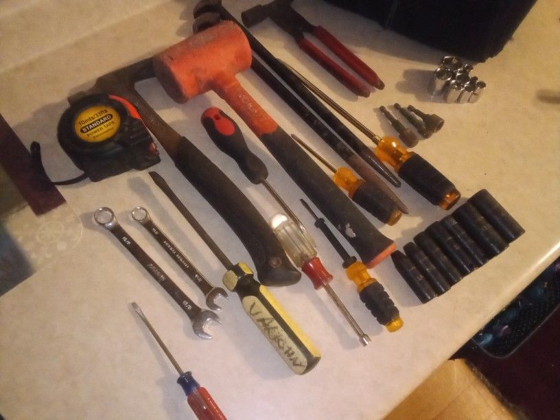 Used Hand Tools And Tool Bag With Helmet
