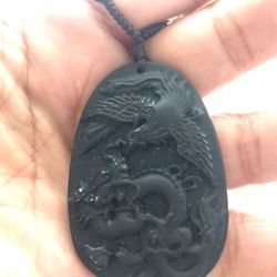 Obsidian carved 2 dragon pendant beaded necklace 18’