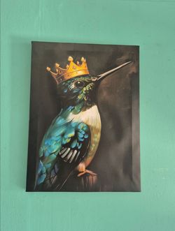 Emerald Green Hummingbird With King Crown Wall Art Print Canvas