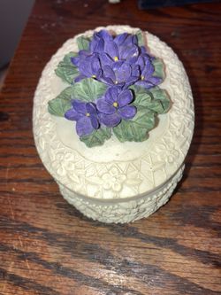 Vintage Porcelain Purple Floarl Trinket Dresser Box Thumbnail