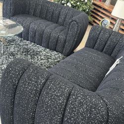 3 Piece Sofa Set Black Boucle Fabric With Metallic Undertones Sofa Loveseat Chair Brand New In Box Firm Price $1,480