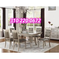 VINTAGE SILVER CHAMPAGNE FINISH 8 PIECE DINING TABLE CHAIRS SERVER BUFFET CABINET SET