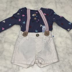 Garanimals Baby Girl 0-3M Heart Bodysuit Shorts Suspenders Outfit