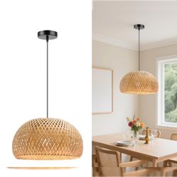 Qnuioea Rustic Bamboo Pendant Light, 15.74 inch One-Light Boho Basket Handmade Woven Pendant Lighting for Bedroom, Kitchen, Living Room Boho Decor