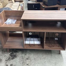 Record Player Stand with Charging Station & USB Ports, Mid-Century Turntable Stand Table