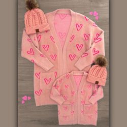 Mommy and Me Pink Hearts Printed Oversized Knitted Cardigan- Valentine's Day Sweater💕