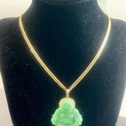 18K Solid GOLD Chain with BUDDHA JADE wrapped In 18k Border