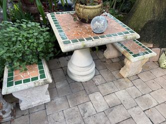 Mosaic Tile Top Concrete Patio Table and Benches Set