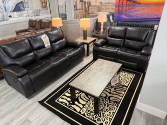 Black Leather Reclining Sofa and Loveseat Set