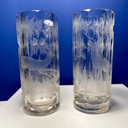 Set of 2 Rare Antique 1870's Bohemian Deer Etched Engraved Beakers