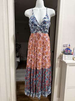 Angie Mixed Floral Maxi Dress Women's Medium Twist Front Keyhole Boho Rayon