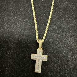 Natural Diamond Cross In 14k YG With Gold Rope Chain