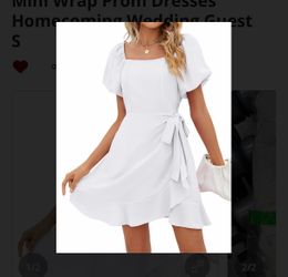 Square-Neck Puff Sleeve Wrap Dress in White Small