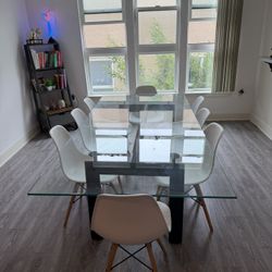 Glass Table With 8 White Chairs 