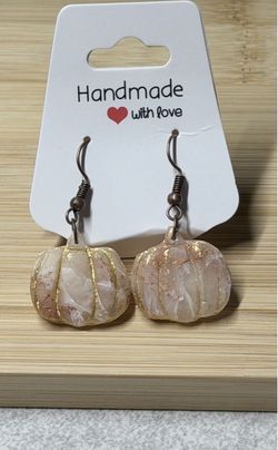Fall Earrings, Ivory Blush Pumpkin Dangle Earrings, Gold Autumn Jewelry, Handmade Polymer Clay Earrings, Thanksgiving Gift