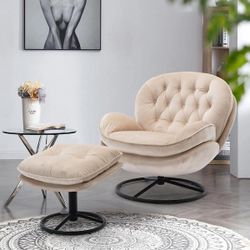 Beige Velvet Papasan / Swivel Accent Chair w/ Ottoman [NEW IN BOX] **Retails For $600
