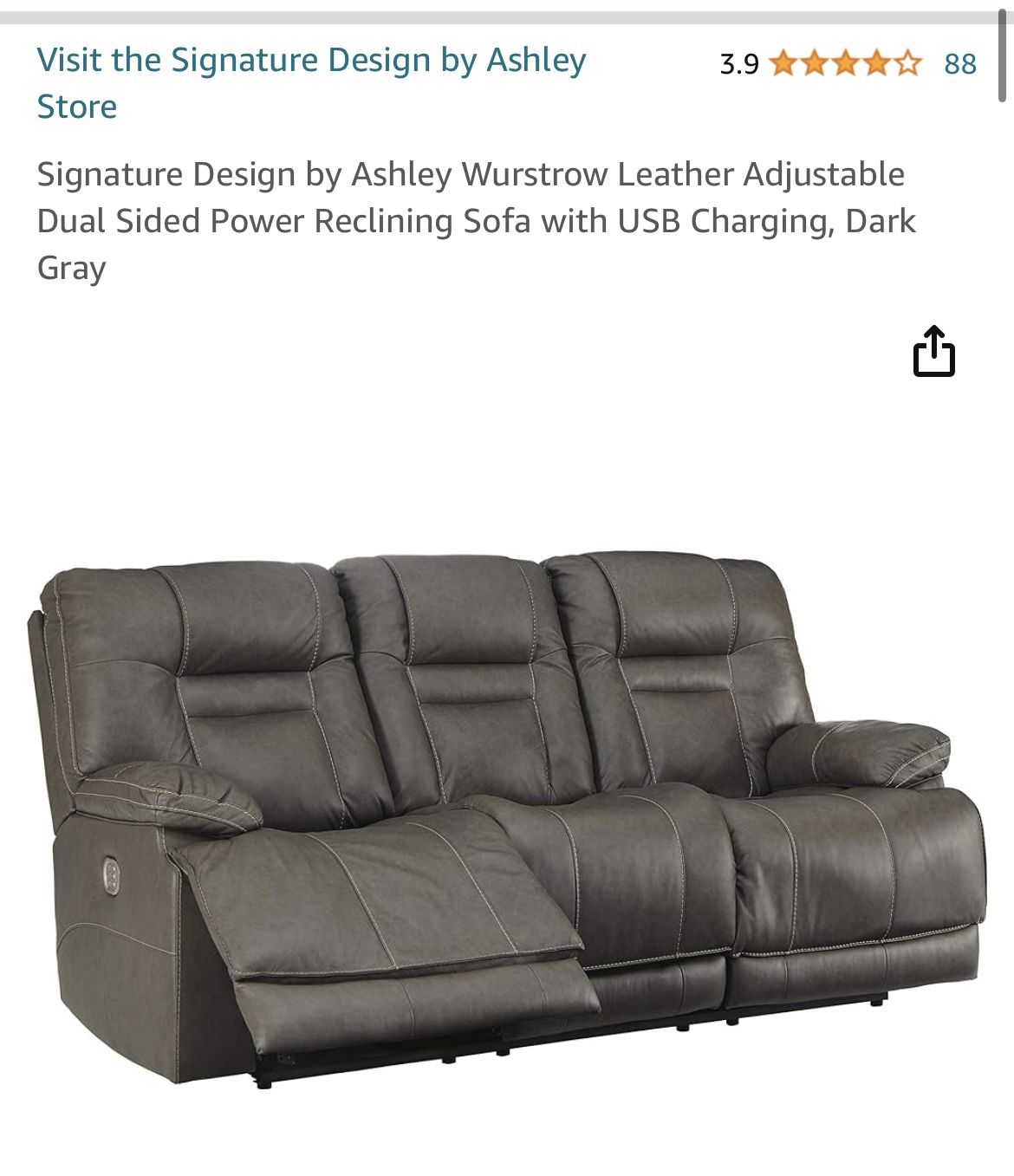 2 Pieces Of  Leather Adjustable Dual Sided Power Reclining Sofa with USB Charging, Dark Gray