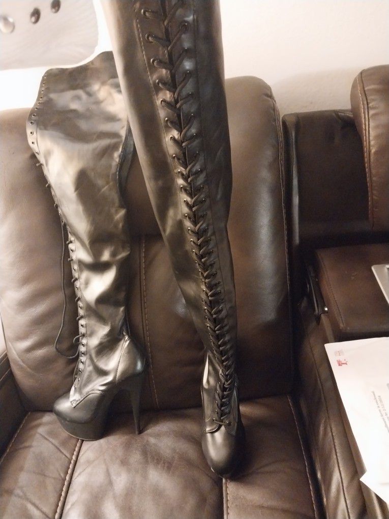 Black Leather Thigh High Boots