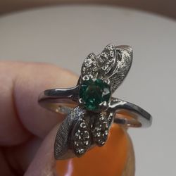 Vintage 14k white gold Natural Emerald , Diamonds Ring , weight 4 grams , size 5,5 ! 