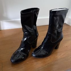 Kenneth Cole Alyssa Black Patent Leather Mid-Calf Bootie Zip Block Heel Size 8