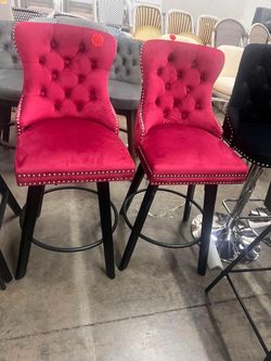 Swivel Velvet Barstools with Curved Backrest, Tufted Design, and Rubberwood Legs, Set of 2 (Set of 2) Red Violet