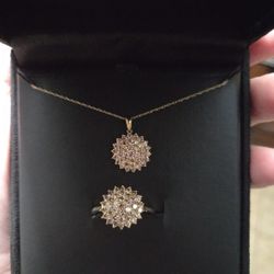 Champagne Diamond 10k Yellow Gold Cluster 1.00ctw Earrings , Ring, and Necklace
