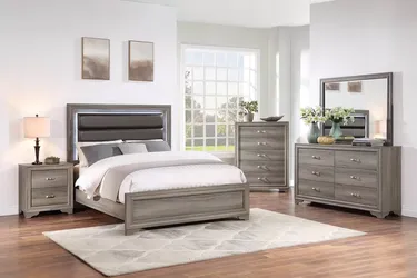 Brand New Espresso Bonded Leather LED Lighting 4pc Queen Size Bedroom Set