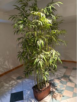 7ft Artificial Bamboo Tree – Great Condition, Woven Basket Planter