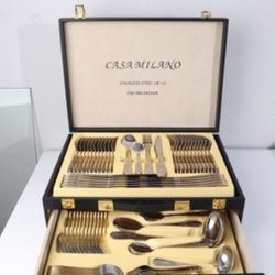 72 Piece Flatware Set 18/10 Stainless Steel Greek Key Design, For 12 Person With Storage Box