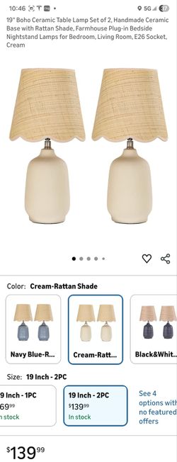 19" Boho Ceramic Table Lamp Set of 2, Handmade Ceramic Base with Rattan Shade, Farmhouse Plug-in Bedside Nightstand Lamps for Bedroom, Living Room, E2