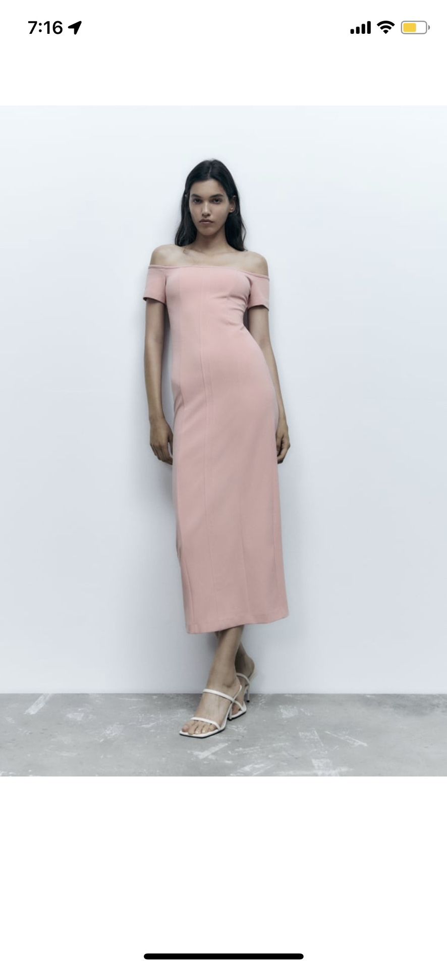 Zara NWT size M topstitched dress in pale pink. Midi dress -off shouldered. Back metal zipper and slit at hem. 97% polyester 3% elastane.