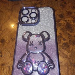  iPhone 15 PRO Case Transparent Raised Glitter Bear Design