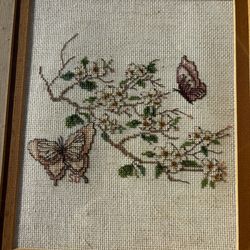 Vintage Framed Cross Stitch Butterflies & Cherry blossoms