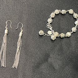 925 Sterling Silver plated Bracelet Shinny Ball with 2 dangling earrings 