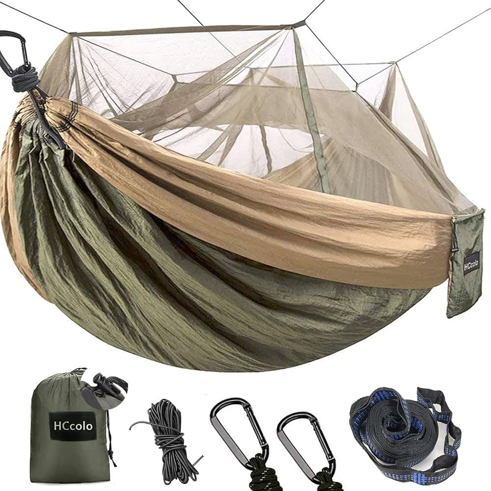Camping Hammock with Mosquito Net - 2 Person Portable Nylon Hammock Tent for Indoor Backpacking Hiking Travel, with 10 Ft Tree Straps and 2 Carabiners