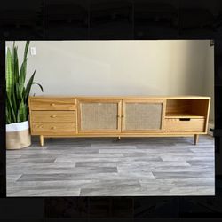 100% Solid Wood Mid-Century TV Table, Media Console, Rattan Bohemian Stand
