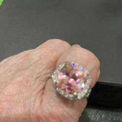 Pink Ice Crystal Surrounded By White Stones In Silver Setting