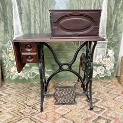 Antique Cast Iron & Mahogany Sewing Table by The Rand MFG CO